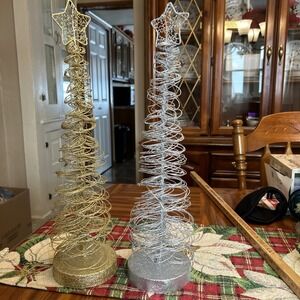 Lot 2 Silver & Gold Lighted Glitter Trees Holiday Winter Timer Battery